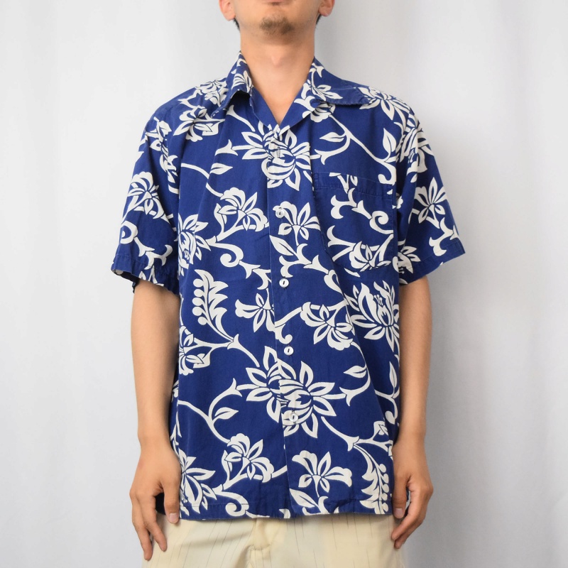 60〜70's 花柄 コットンアロハシャツ NAVY L