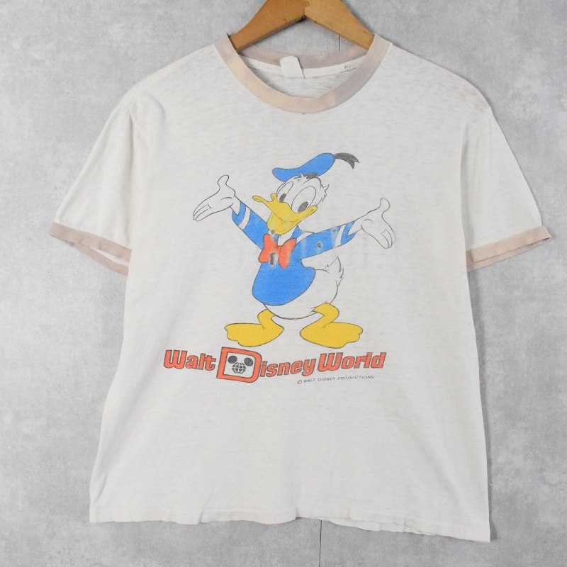 70's WALT DISNEY ドナルドダック 染み込みプリント リンガーTシャツ S