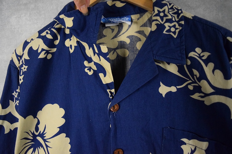 70年代 70s 開襟 オープンカラー 半袖 青 総柄 花柄