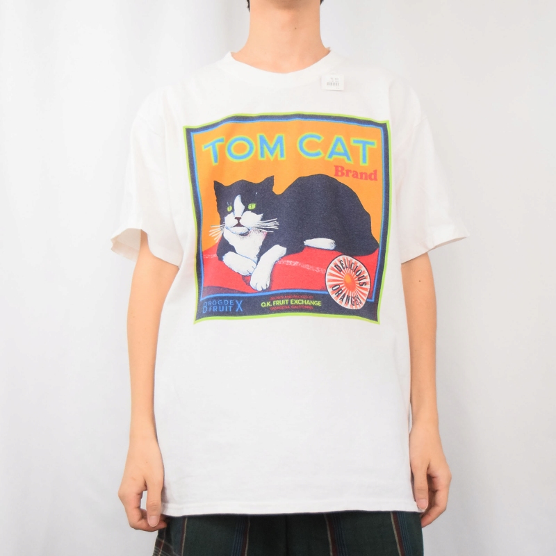 お手軽価格で贈りやすい キャット アニマル 動物 白 ホワイト 半袖 |ヴインテージ古着屋 トップス