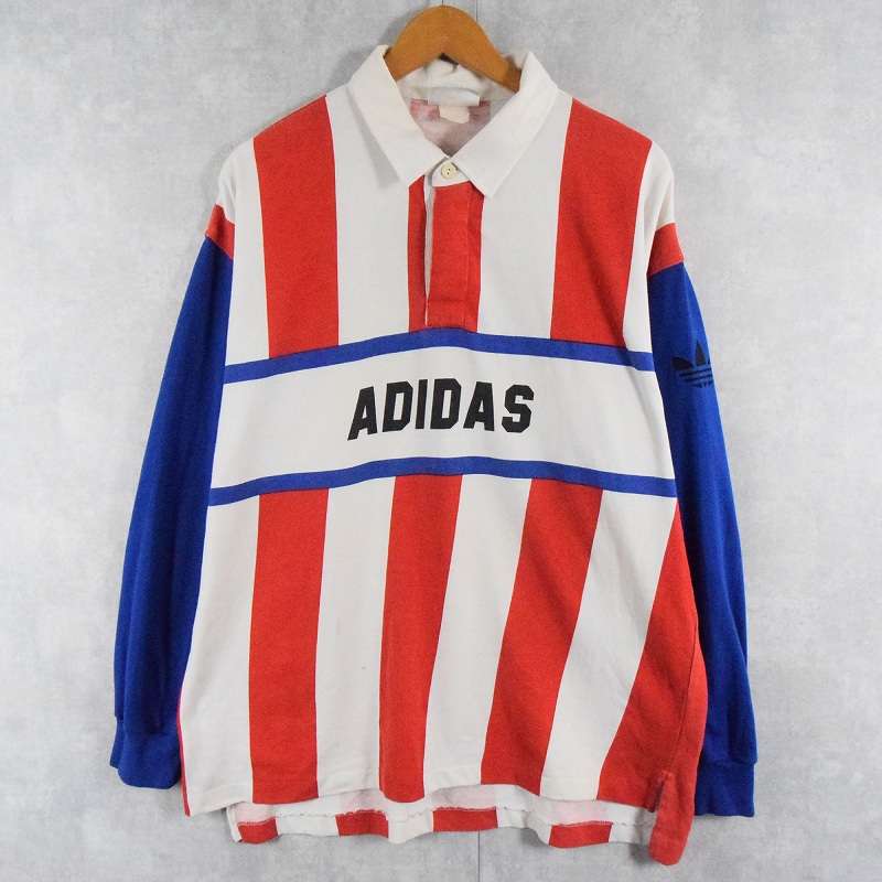 80s 80年代 アディダス 長袖ポロシャツ ロゴプリント 青 ブルー