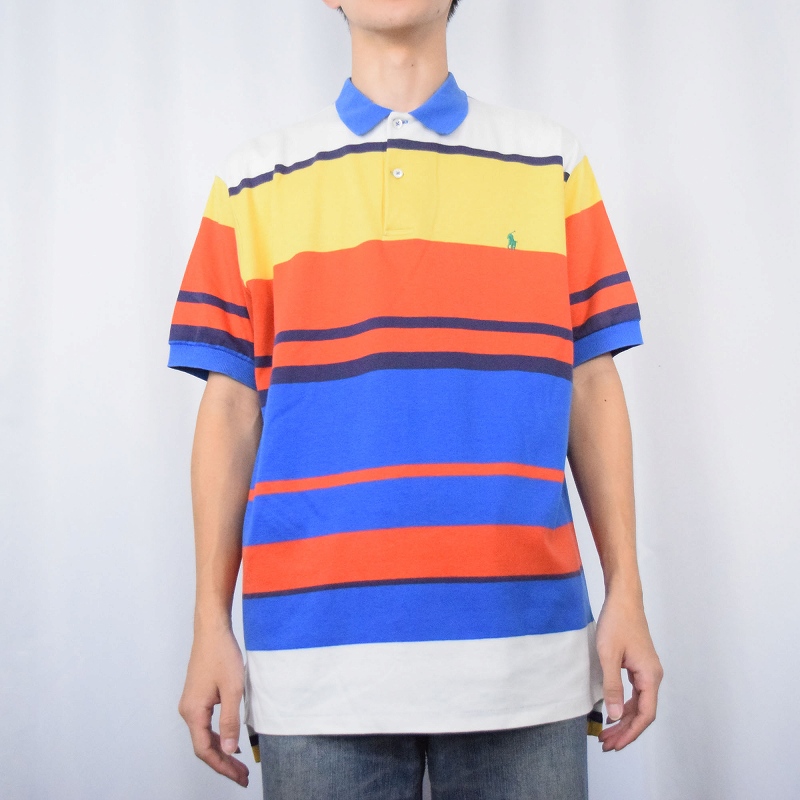 商品画像：90s☆Ralph Lauren☆マルチボーダー柄半袖ポロシャツ☆ポニー☆XL 1