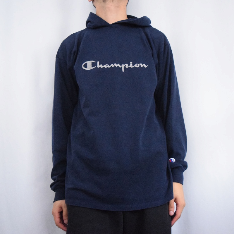 90's Champion USA製 ロゴ刺繍 フード付きロンT NAVY L