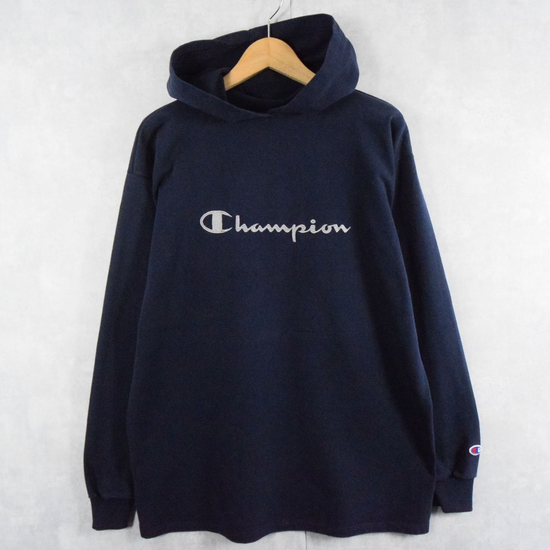 90's Champion USA製 ロゴ刺繍 フード付きロンT NAVY L