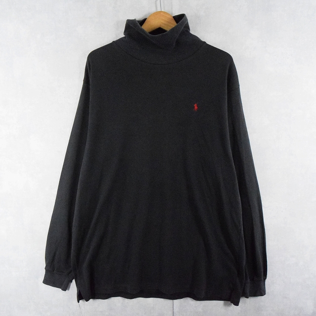 90's POLO Ralph Lauren USA製 ロゴ刺繍 無地タートルネックロンT BLACK XXL