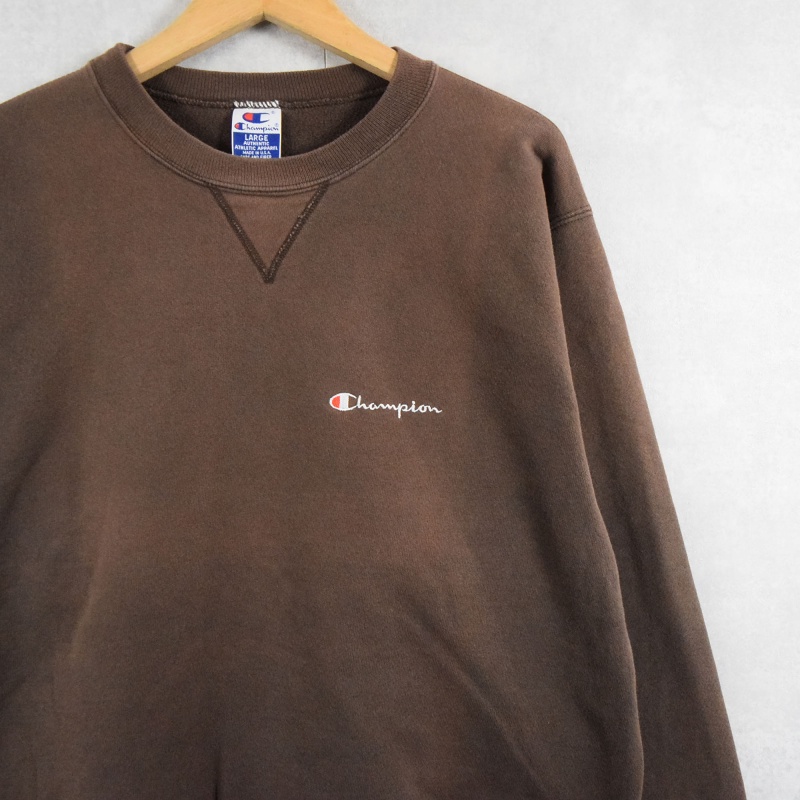 90's Champion USA製 ロゴ刺繍 無地 前Vスウェット BROWN L