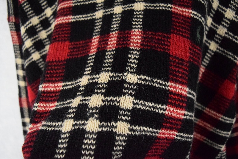 POLO Ralph Lauren チェック柄 ロゴ刺繍 ウールニットセーター XL