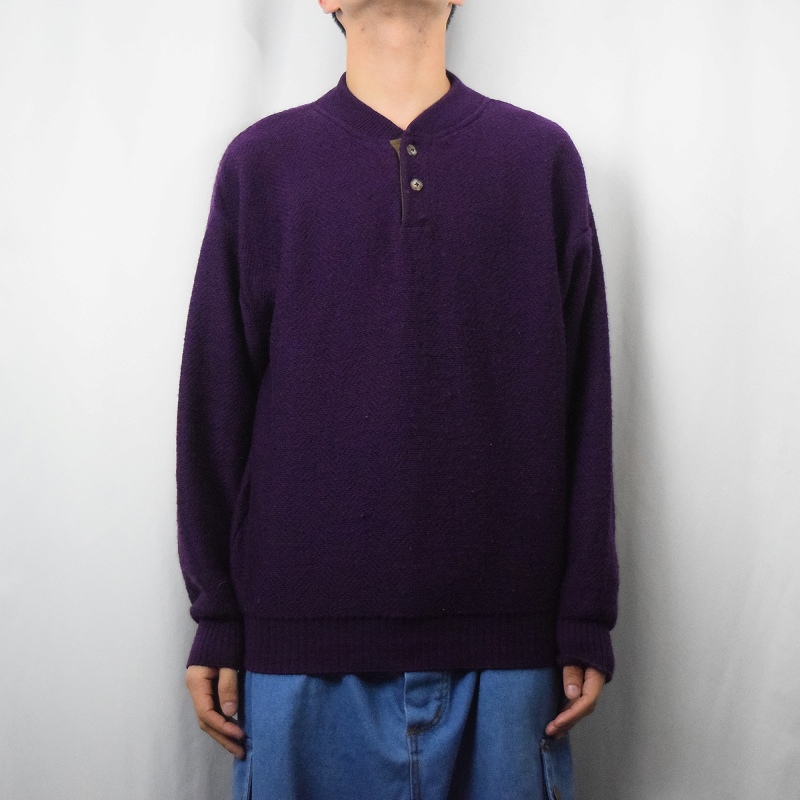70's PENDLETON USA製 ヘンリーネック エルボーパッチ付き ウールニットセーター L