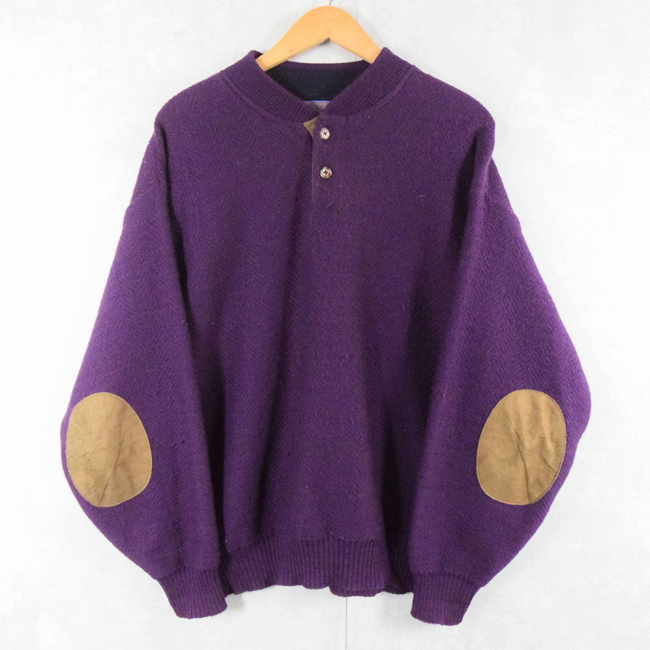 70's PENDLETON USA製 ヘンリーネック エルボーパッチ付き ウールニットセーター L