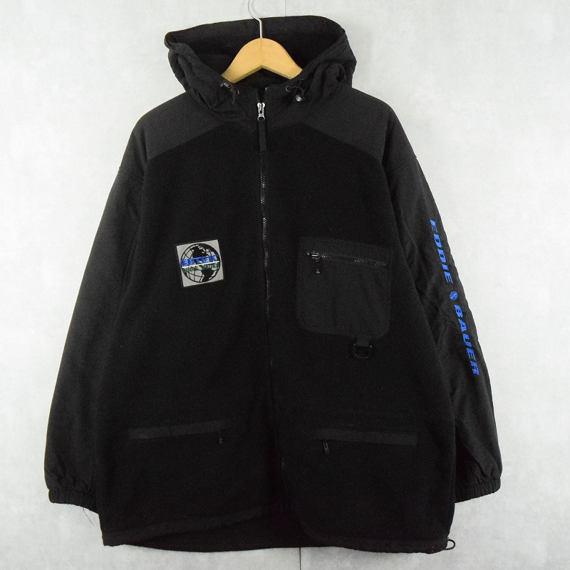 90's Eddie Bauer EBTEK USA製 ロゴ刺繍 フリースジップジャケット BLACK L
