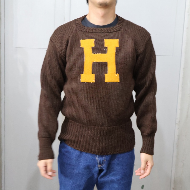 〜60's フェルトワッペン レタードニットセーター BROWN