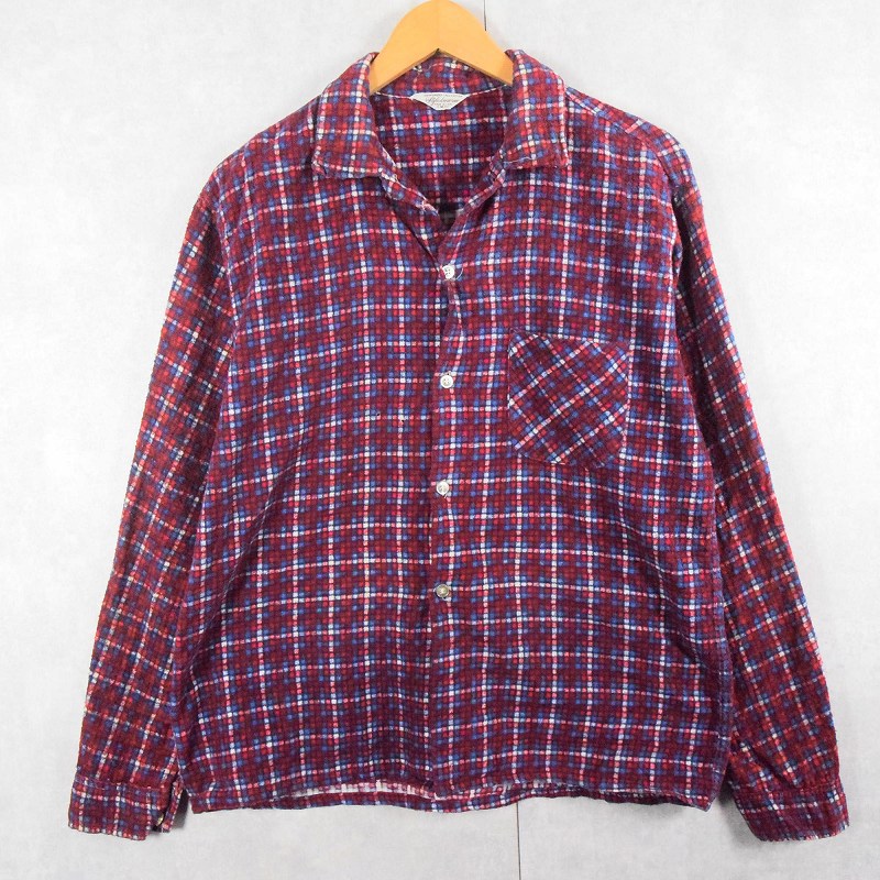 50〜60's STYLED SPORTSHIRT USA製 チェック柄 プリントネルシャツ M