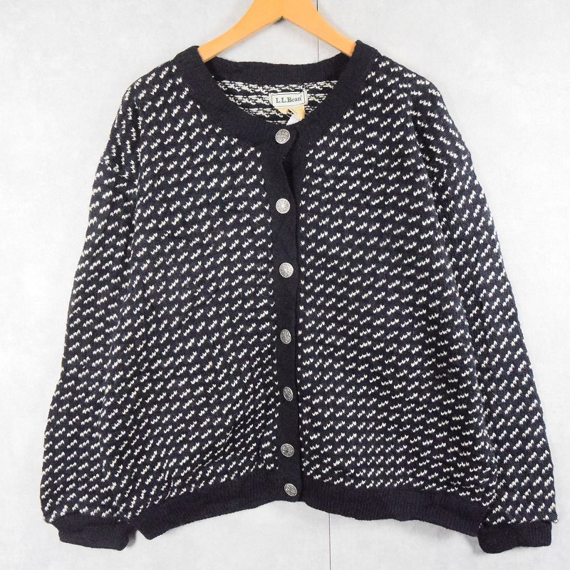 70〜80's L.L.Bean NORWAY製 バーズアイ柄 ウールニットカーディガン NAVY XL