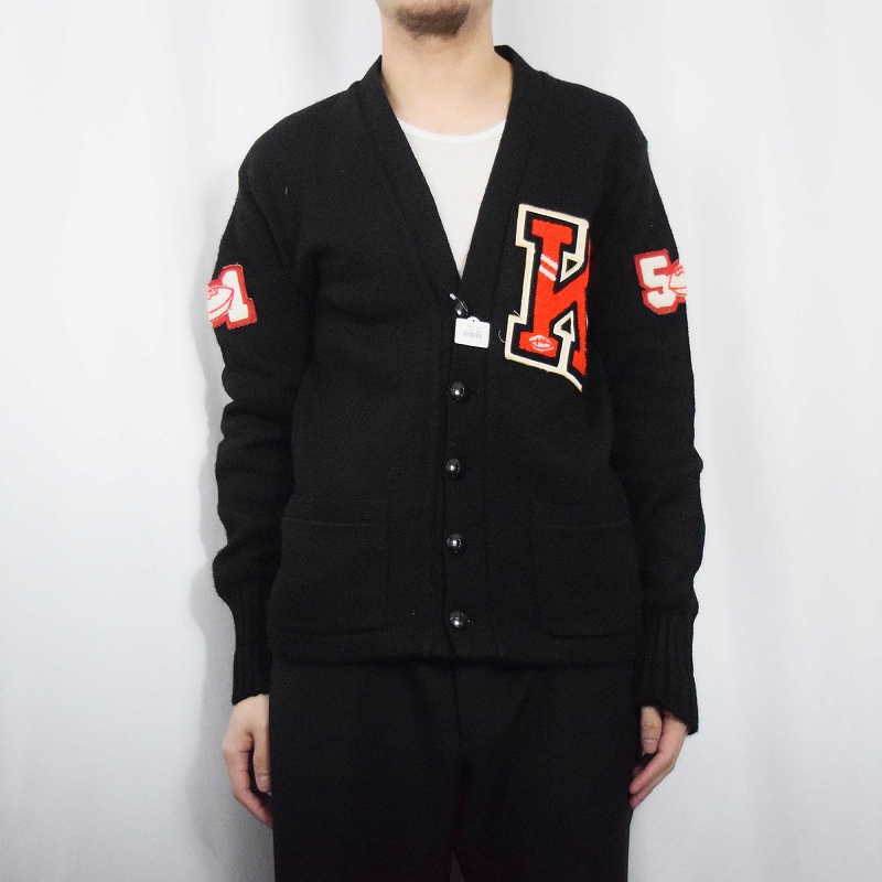 70's MIAMI KNITTING MILLS アクリル レタードニットカーディガン BLACK