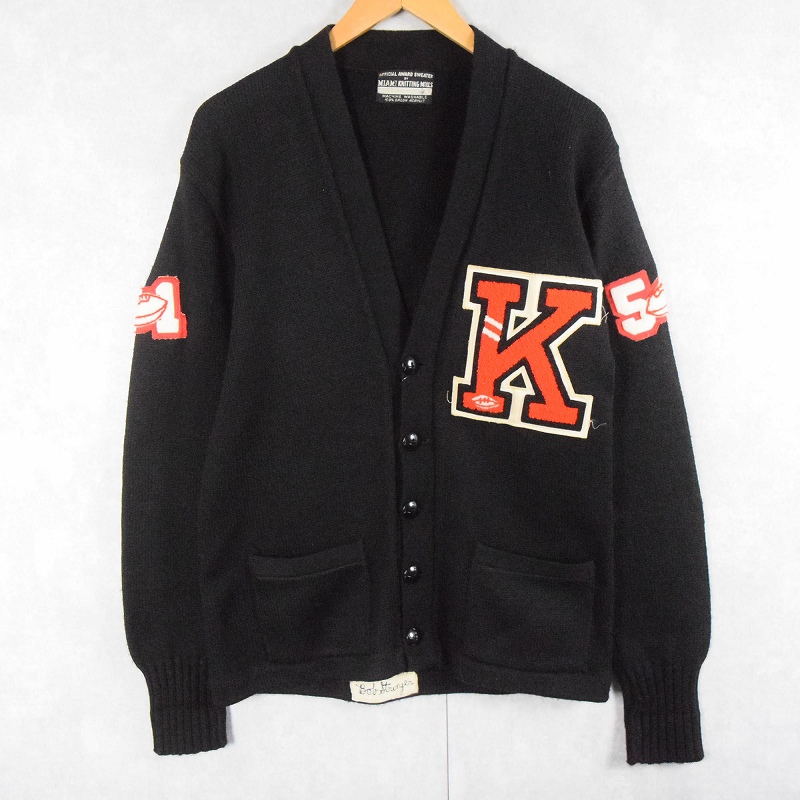 70's MIAMI KNITTING MILLS アクリル レタードニットカーディガン BLACK