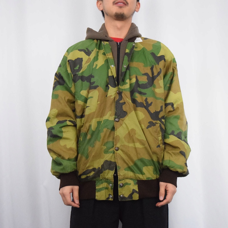 80's Four Seasons USA製 ウッドランドカモ柄 キルティングライナー フード付きジャケット XXL