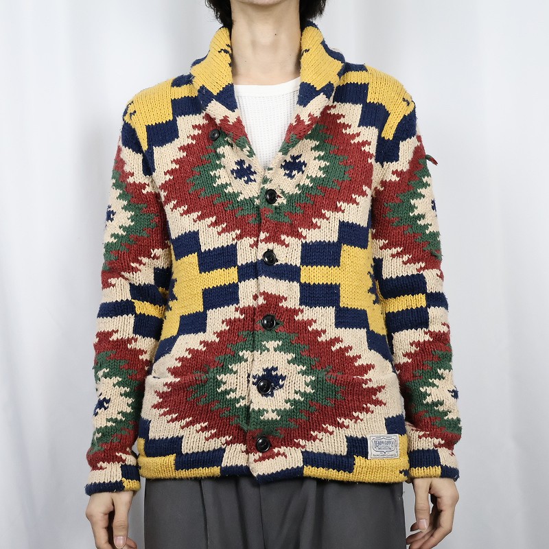Ralph Lauren DENIM&SUPPLY ネイティブ柄 コットン×リネン ショールカラーニットカーディガン S