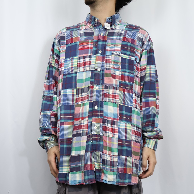 90's Brooks Brothers インディアンマドラスチェック柄 パッチワーク コットンボタンダウンシャツ L