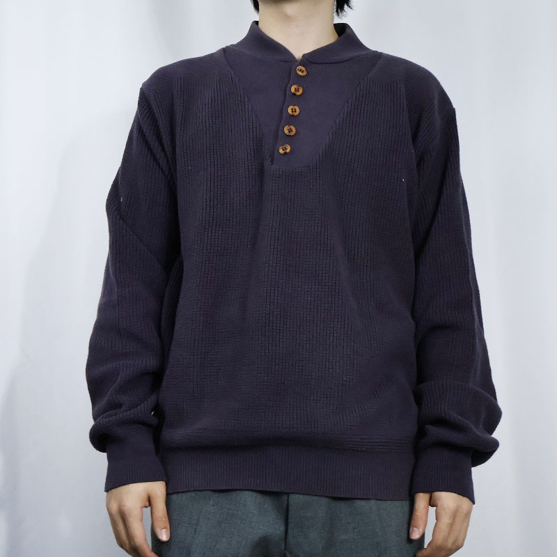 90's LANDS'END USA製 ヘンリーネック コットンニットセーター NAVY L