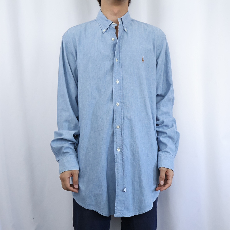 90s POLO SPORT Chambray L/S Shirt 薄青 L ポロスポーツ 長袖