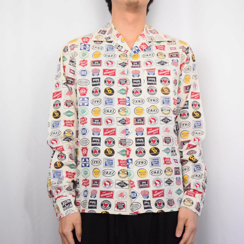 50年代 50s 長袖シャツ 開襟シャツ 総柄シャツ レイルロード